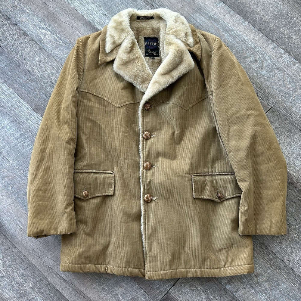 Vintage Peters All Weather Wear Corduroy Sherpa Lined Western Coat Sz 42 Yoke